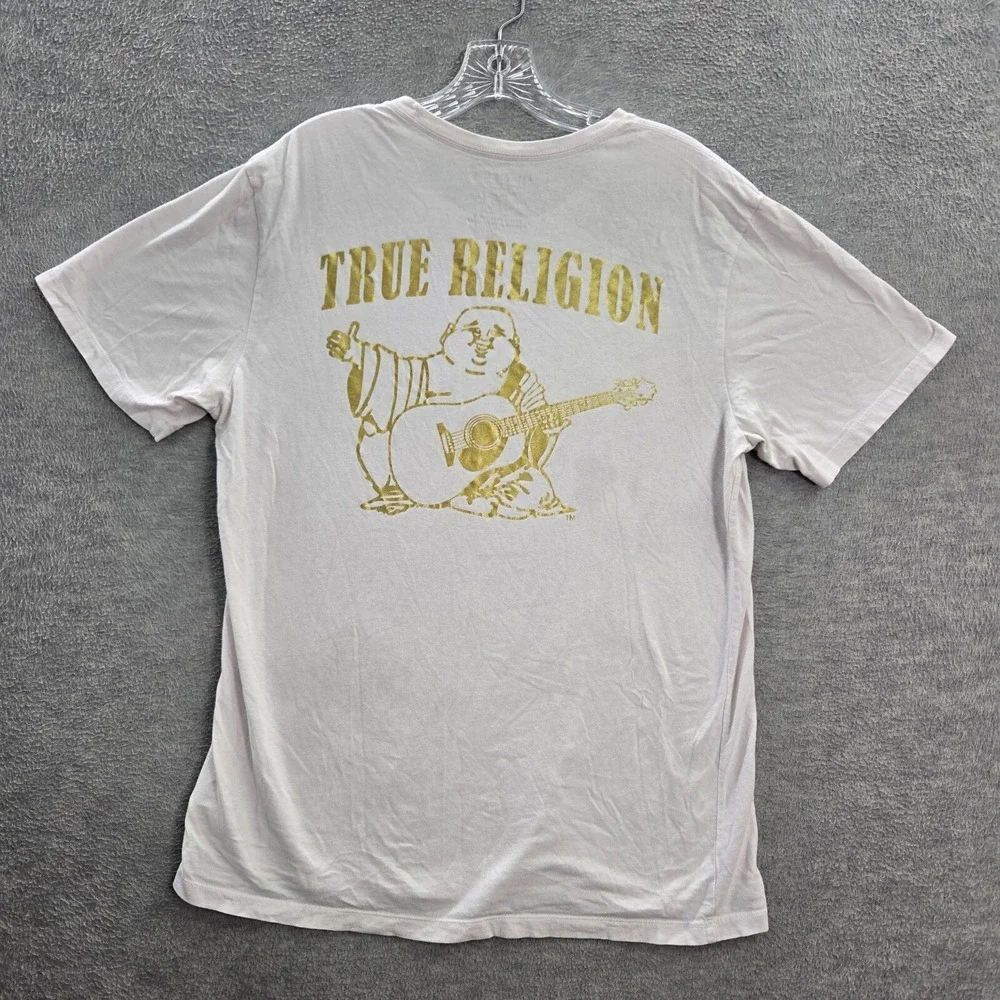 True Religion Men Shirt Large White Logo Buddha Graphic Short Sleeve Tee READ